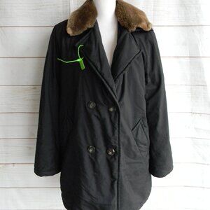 MAX MARA VINTAGE DOUBLE BREASTED BLACK RELAXED COAT FAUX FUR COLLAR US SZ 8